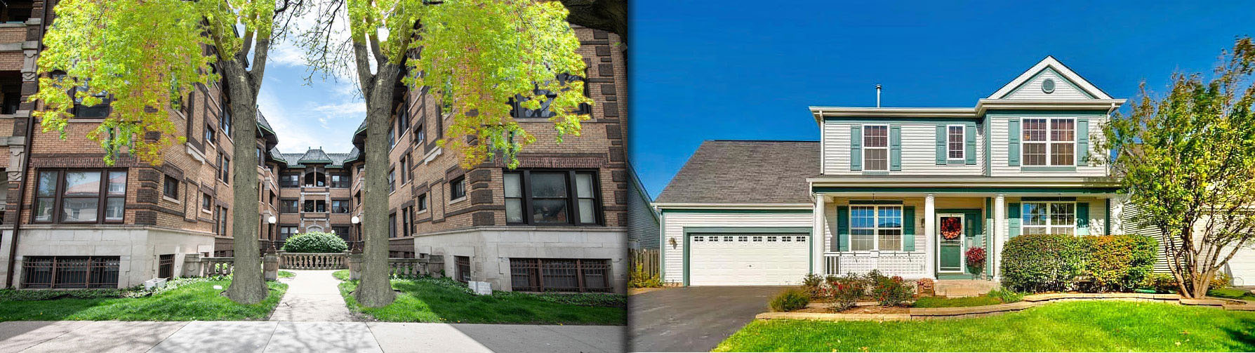 Photos of a multi unit courtyard and two story house.