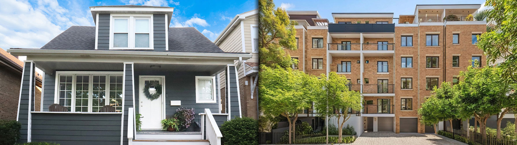 Photos of a Chicago bungalow and a multi unit apartment building.